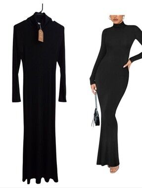 ReoRia Black Long Sleeve Turtleneck Maxi Dress